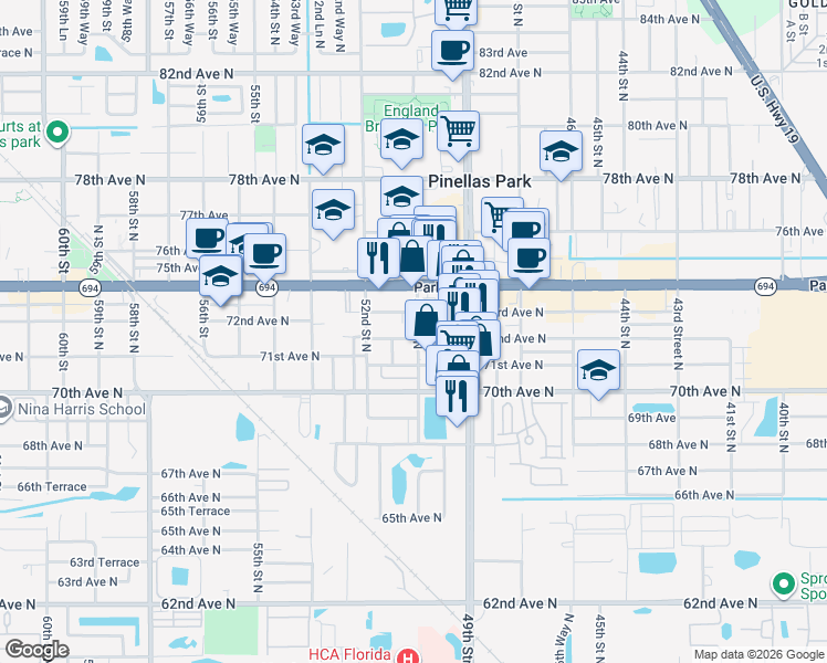 map of restaurants, bars, coffee shops, grocery stores, and more near in Pinellas Park