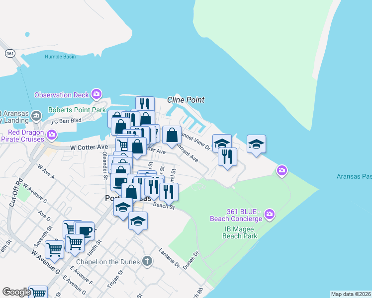 map of restaurants, bars, coffee shops, grocery stores, and more near 612 Tarrant Avenue in Port Aransas
