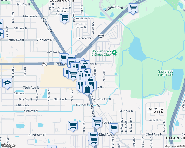 map of restaurants, bars, coffee shops, grocery stores, and more near 3461 Beechwood Terrace in Pinellas Park