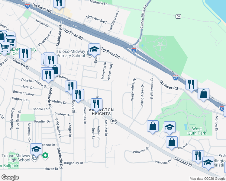map of restaurants, bars, coffee shops, grocery stores, and more near 2914 East Harrington Drive in Corpus Christi
