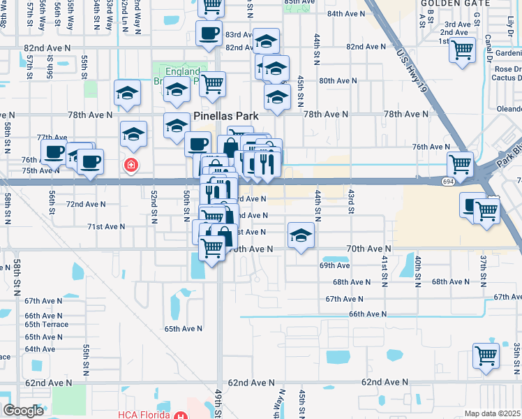 map of restaurants, bars, coffee shops, grocery stores, and more near 7150 47th Street North in Pinellas Park