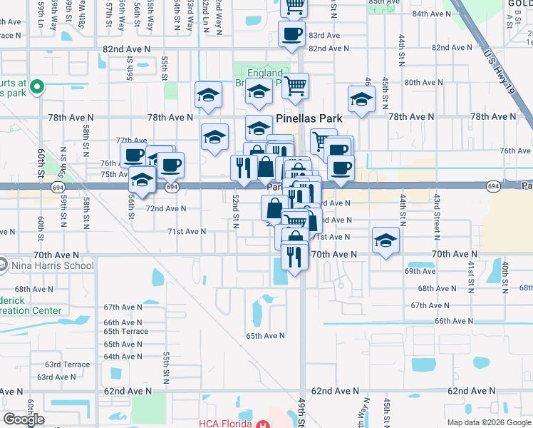 map of restaurants, bars, coffee shops, grocery stores, and more near in Pinellas Park