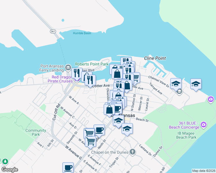 map of restaurants, bars, coffee shops, grocery stores, and more near 507 Oleander Street in Port Aransas