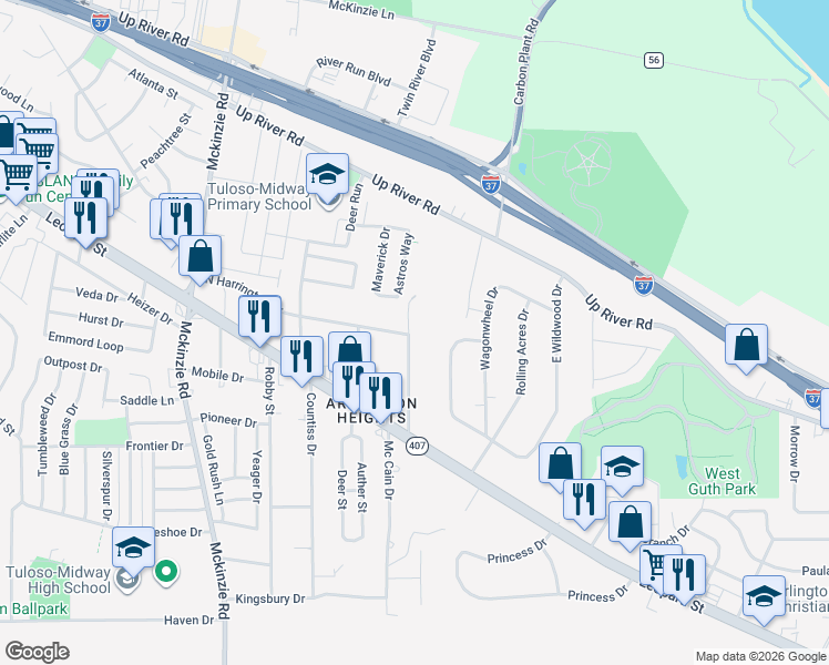 map of restaurants, bars, coffee shops, grocery stores, and more near 2914 East Harrington Drive in Corpus Christi