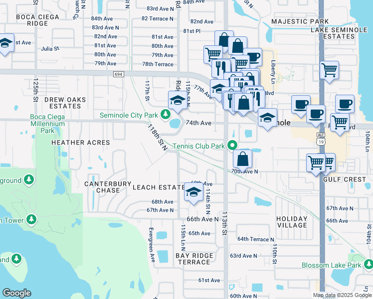 map of restaurants, bars, coffee shops, grocery stores, and more near 11548 70th Terrace North in Seminole