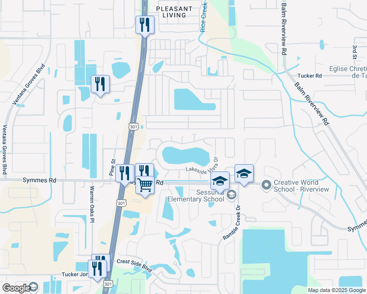 map of restaurants, bars, coffee shops, grocery stores, and more near 10528 Lakeside Vista Drive in Riverview