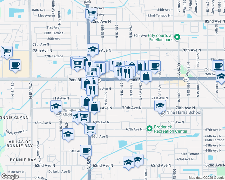 map of restaurants, bars, coffee shops, grocery stores, and more near 7190 64th Way North in Pinellas Park