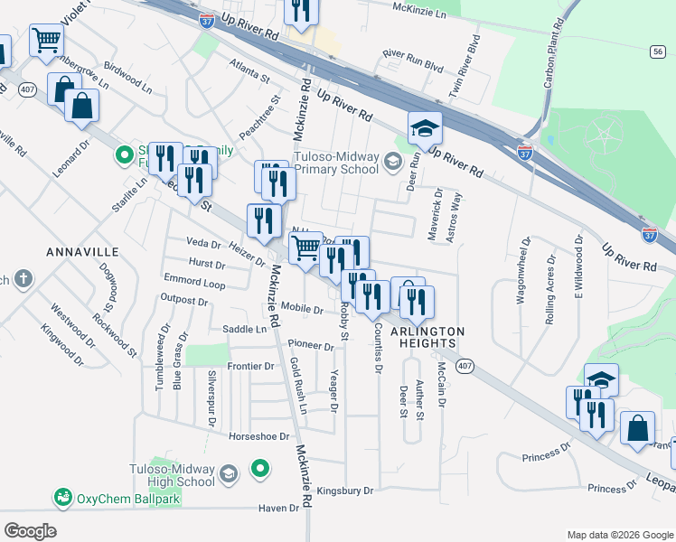 map of restaurants, bars, coffee shops, grocery stores, and more near 10313 North Harrington Drive in Corpus Christi