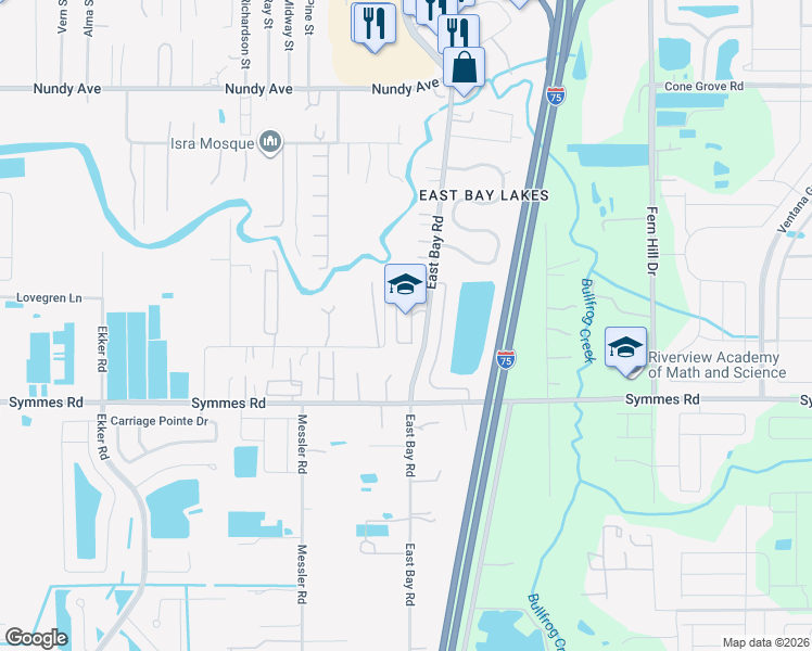 map of restaurants, bars, coffee shops, grocery stores, and more near 11211 East Bay Road in Gibsonton