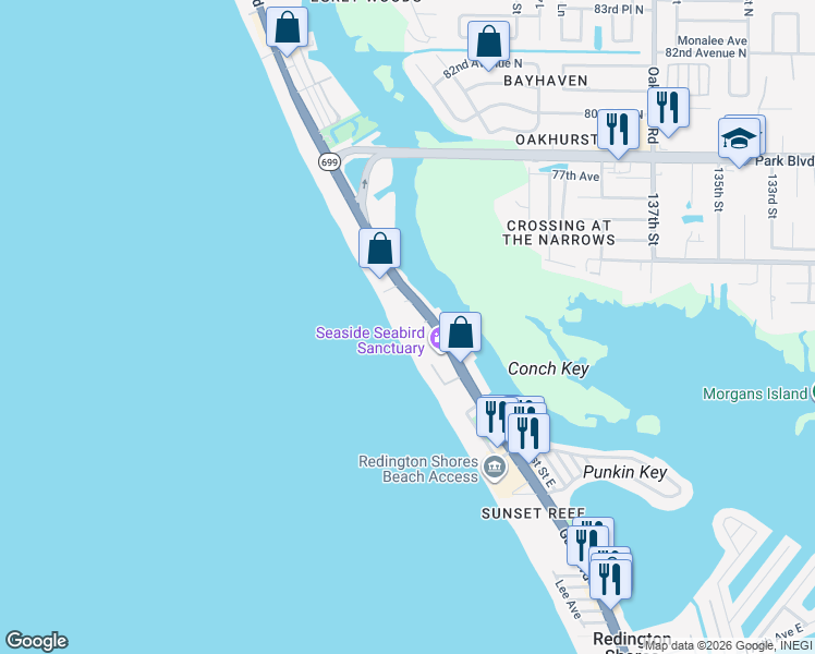 map of restaurants, bars, coffee shops, grocery stores, and more near 18450 Gulf Boulevard in Indian Shores