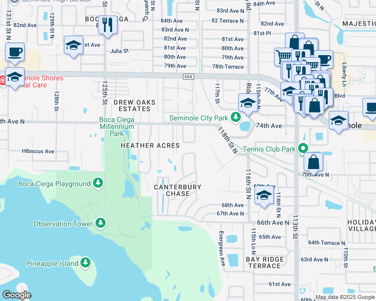 map of restaurants, bars, coffee shops, grocery stores, and more near 7264 Rosetree Place East in Seminole