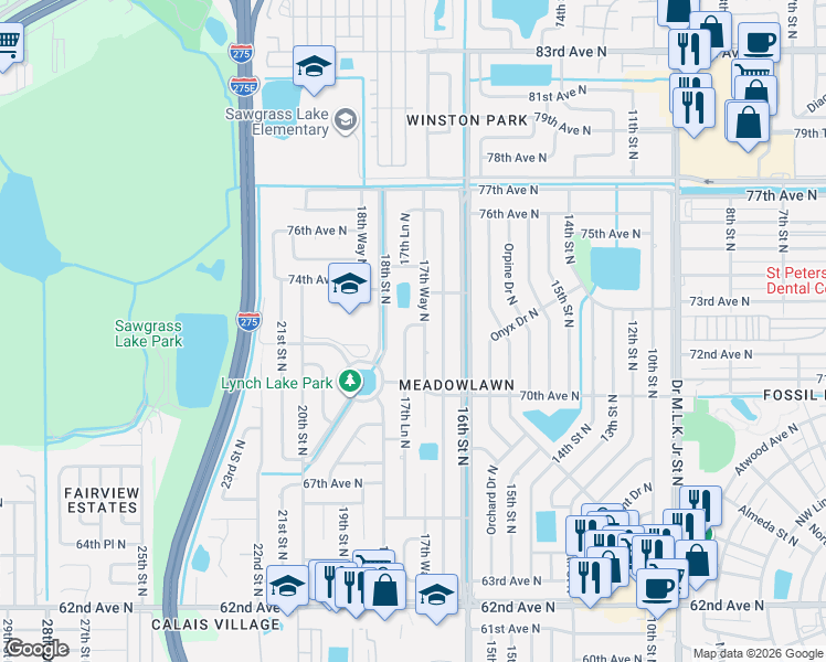 map of restaurants, bars, coffee shops, grocery stores, and more near 1781 73rd Avenue North in St. Petersburg