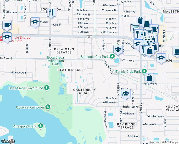 map of restaurants, bars, coffee shops, grocery stores, and more near 7264 Rosetree Place East in Seminole