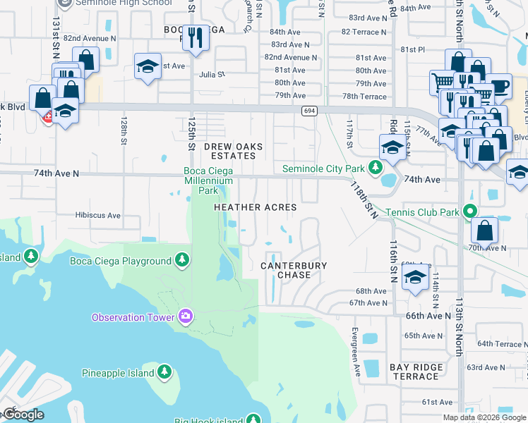 map of restaurants, bars, coffee shops, grocery stores, and more near 7223 122nd Way in Seminole