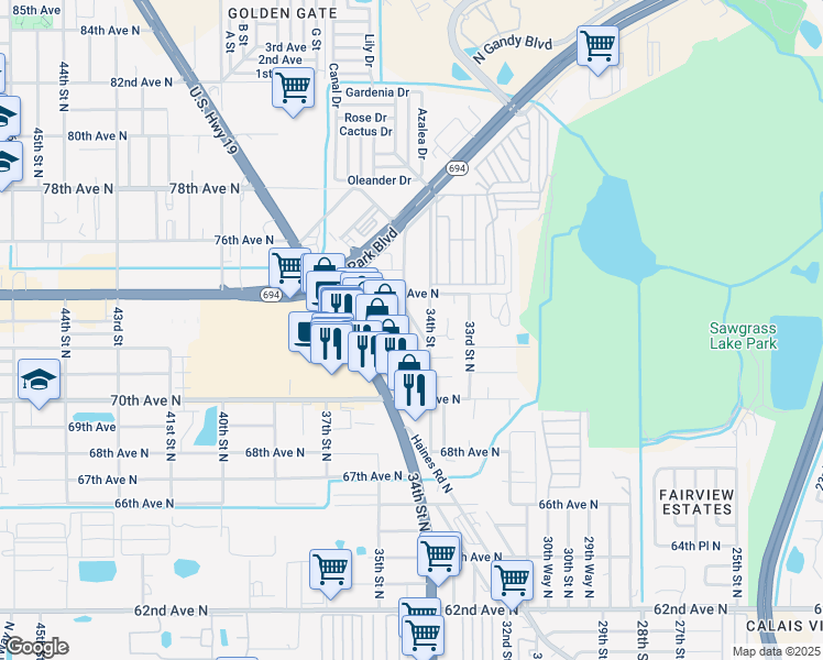 map of restaurants, bars, coffee shops, grocery stores, and more near 3475 Applewood Terrace in Pinellas Park
