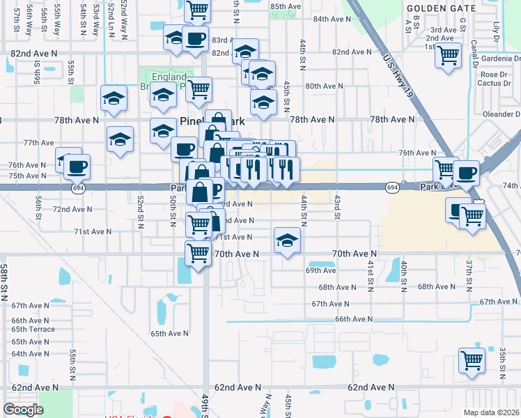map of restaurants, bars, coffee shops, grocery stores, and more near 4617 73rd Avenue North in Pinellas Park