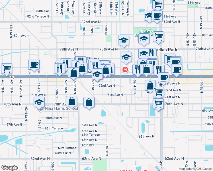 map of restaurants, bars, coffee shops, grocery stores, and more near 7205 55th Street North in Pinellas Park