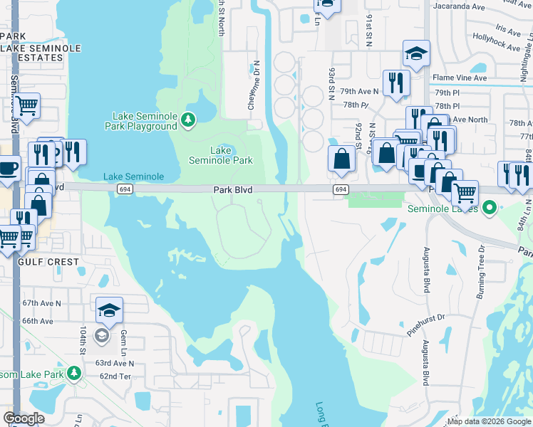 map of restaurants, bars, coffee shops, grocery stores, and more near 7389 Islamorada Circle in Seminole