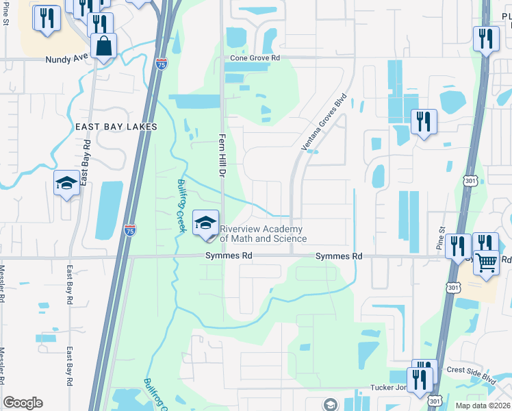 map of restaurants, bars, coffee shops, grocery stores, and more near 11517 Sage Canyon Drive in Riverview