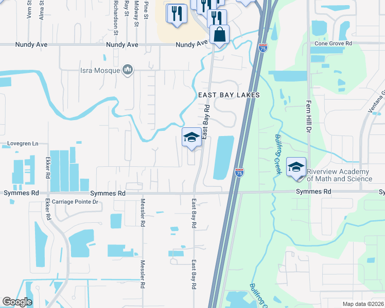map of restaurants, bars, coffee shops, grocery stores, and more near 11211 East Bay Road in Gibsonton