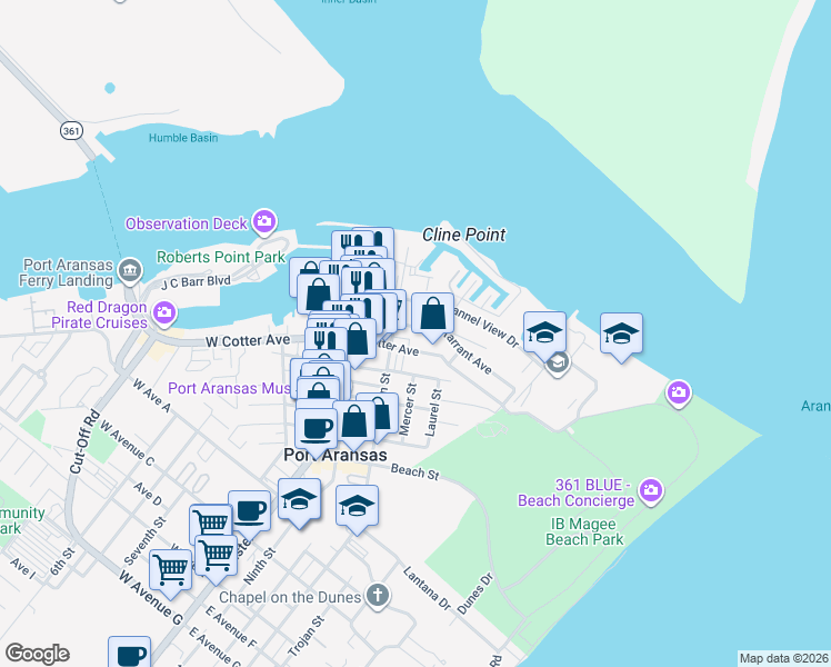 map of restaurants, bars, coffee shops, grocery stores, and more near 403 Tarrant Avenue in Port Aransas