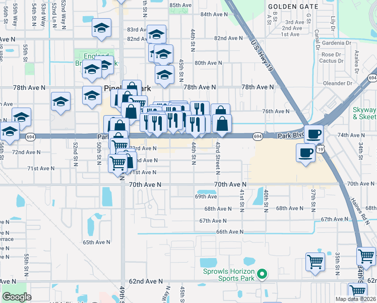 map of restaurants, bars, coffee shops, grocery stores, and more near 4432 73rd Avenue North in Pinellas Park