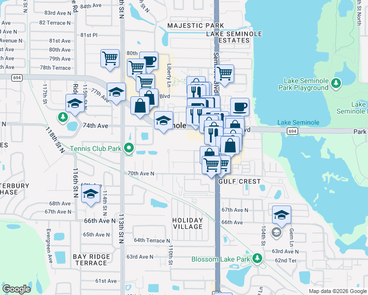 map of restaurants, bars, coffee shops, grocery stores, and more near 10829 72nd Avenue in Seminole