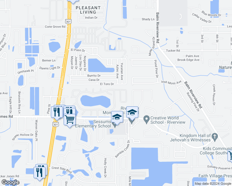 map of restaurants, bars, coffee shops, grocery stores, and more near 11135 Lakeside Vista Drive in Riverview