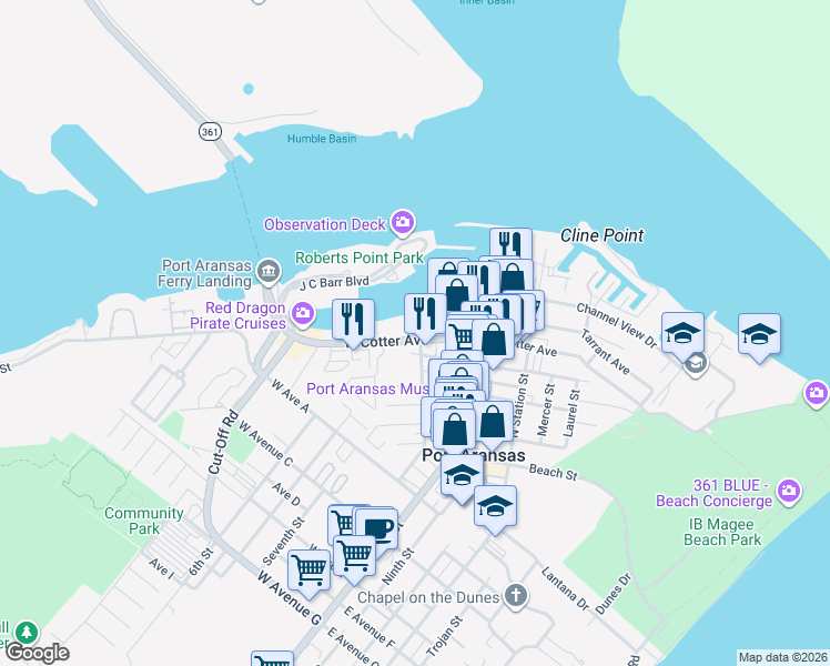 map of restaurants, bars, coffee shops, grocery stores, and more near 200 West Cotter Avenue in Port Aransas