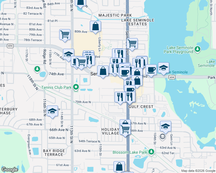 map of restaurants, bars, coffee shops, grocery stores, and more near 10829 72nd Avenue in Seminole