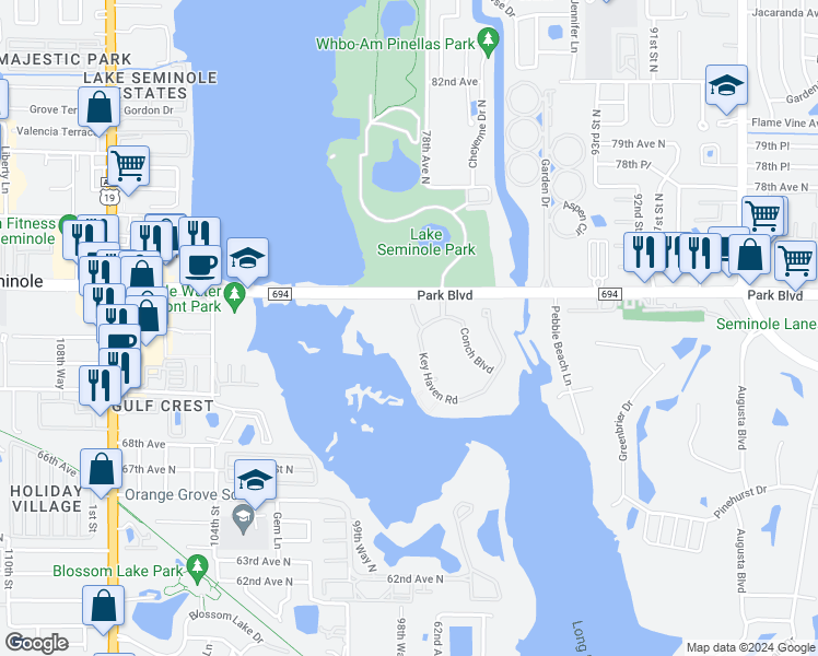 map of restaurants, bars, coffee shops, grocery stores, and more near 7296 Marathon Drive in Seminole