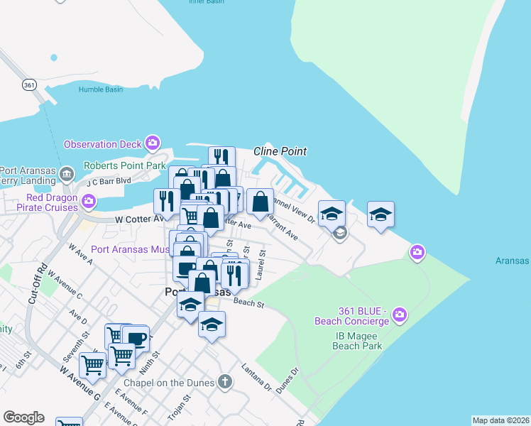 map of restaurants, bars, coffee shops, grocery stores, and more near 403 Tarrant Avenue in Port Aransas