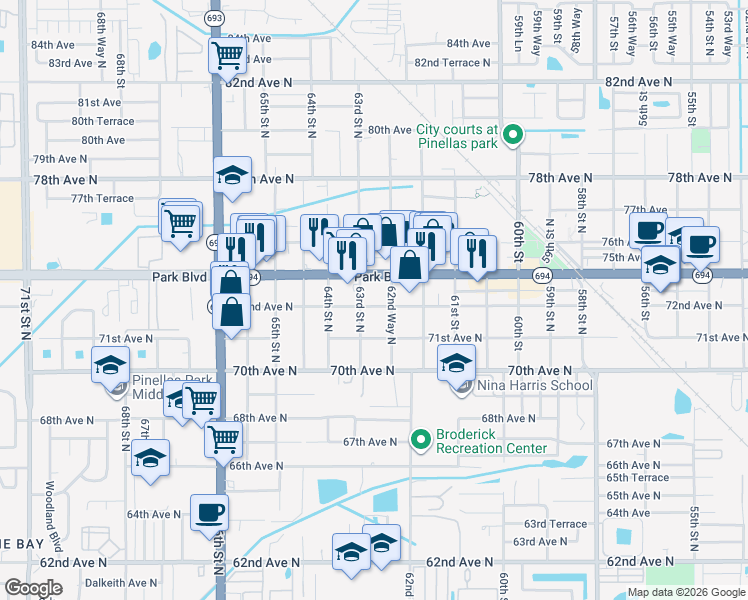 map of restaurants, bars, coffee shops, grocery stores, and more near 6284 Park Boulevard North in Pinellas Park