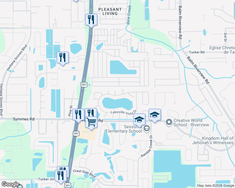 map of restaurants, bars, coffee shops, grocery stores, and more near 10523 Lakeside Vista Drive in Riverview
