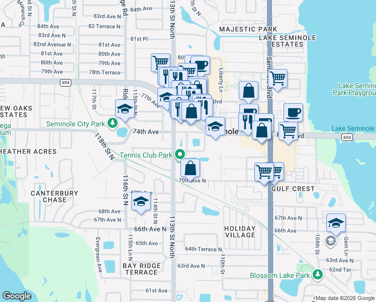 map of restaurants, bars, coffee shops, grocery stores, and more near 73rd Avenue North in Seminole