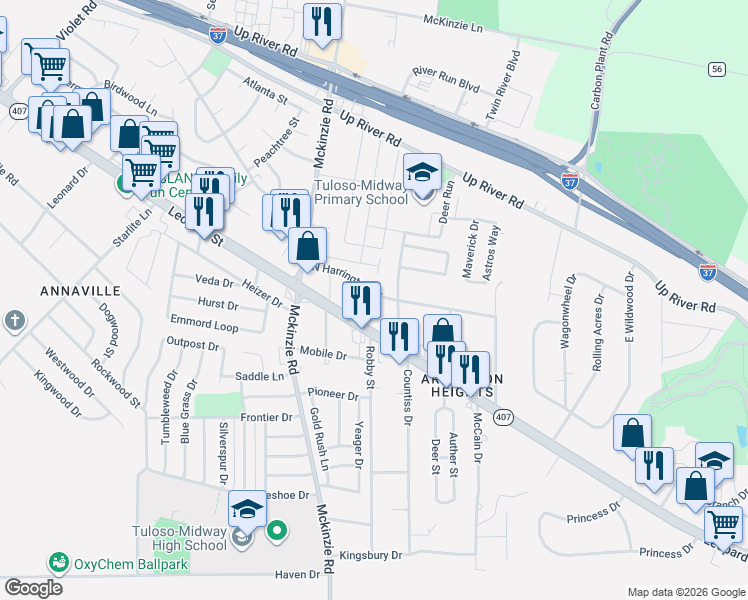map of restaurants, bars, coffee shops, grocery stores, and more near 10313 North Harrington Drive in Corpus Christi