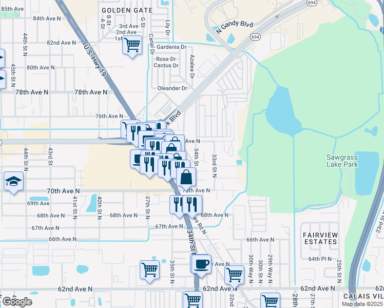 map of restaurants, bars, coffee shops, grocery stores, and more near 3475 Applewood Terrace in Pinellas Park