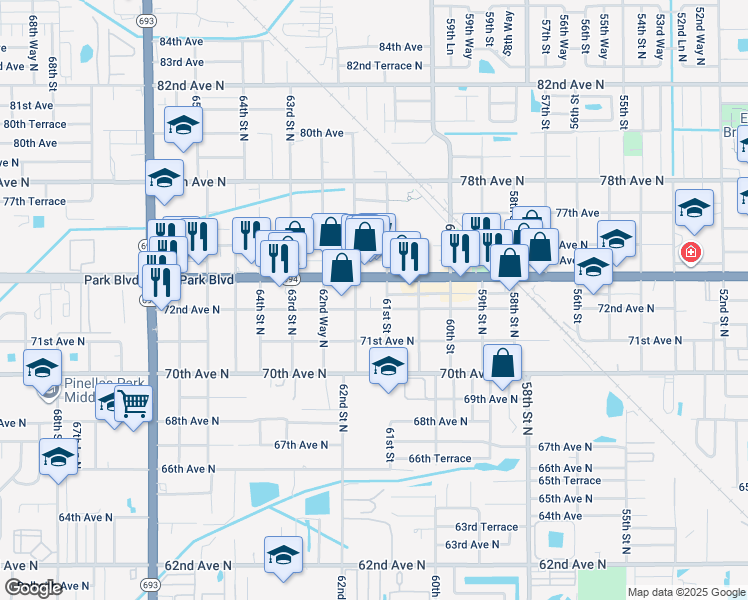 map of restaurants, bars, coffee shops, grocery stores, and more near 6149 72nd Avenue North in Pinellas Park