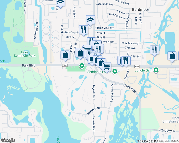 map of restaurants, bars, coffee shops, grocery stores, and more near 7300 Park Street North in Seminole