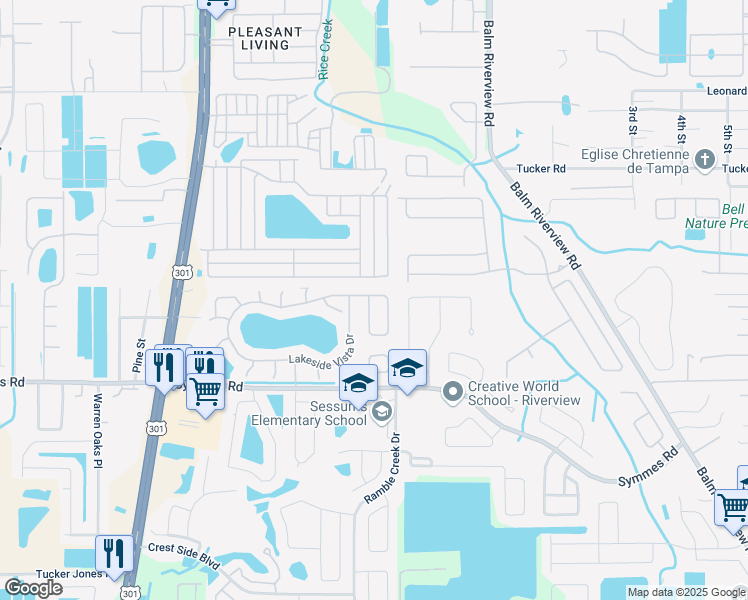 map of restaurants, bars, coffee shops, grocery stores, and more near 10202 Lakeside Vista Drive in Riverview
