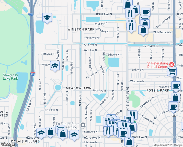 map of restaurants, bars, coffee shops, grocery stores, and more near 7252 Onyx Drive North in Saint Petersburg