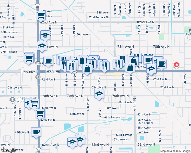 map of restaurants, bars, coffee shops, grocery stores, and more near 6149 72nd Avenue North in Pinellas Park