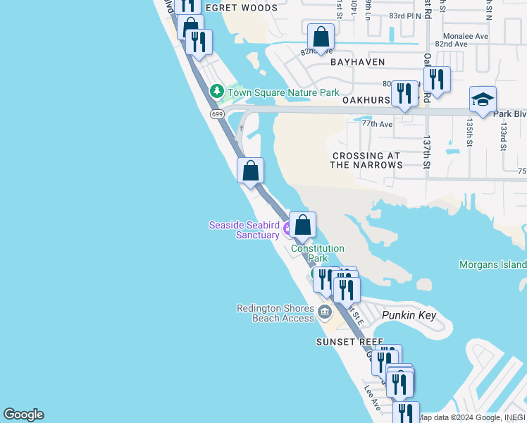 map of restaurants, bars, coffee shops, grocery stores, and more near 18500 Gulf Boulevard in Indian Shores