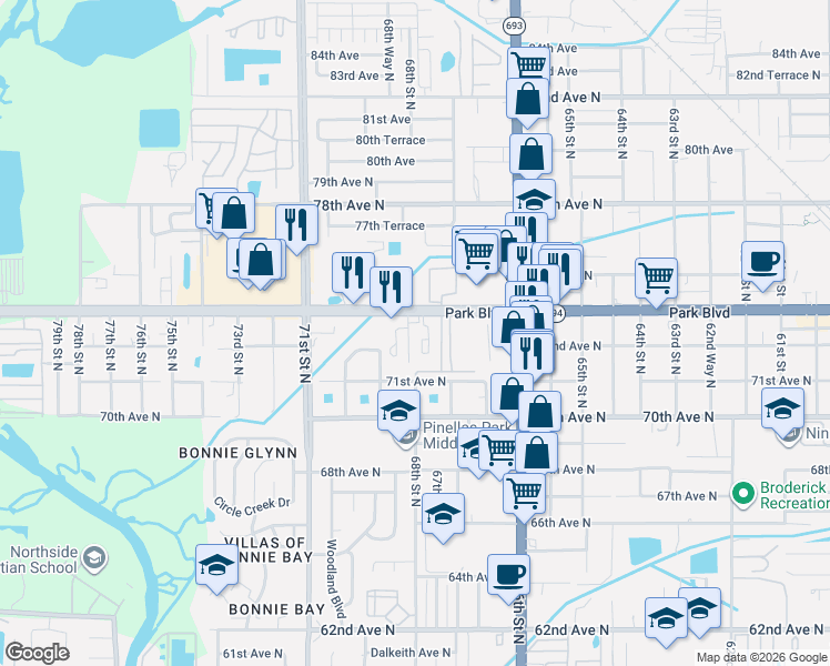 map of restaurants, bars, coffee shops, grocery stores, and more near 7337 68th Street in Pinellas Park