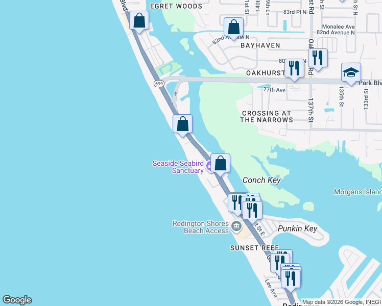 map of restaurants, bars, coffee shops, grocery stores, and more near 18500 Florida 699 in Indian Shores