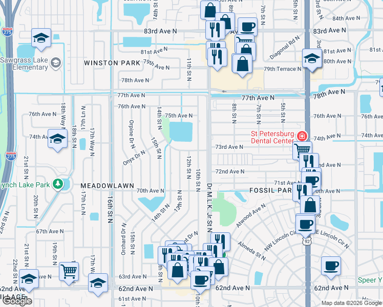 map of restaurants, bars, coffee shops, grocery stores, and more near 7251 12th Street North in St. Petersburg
