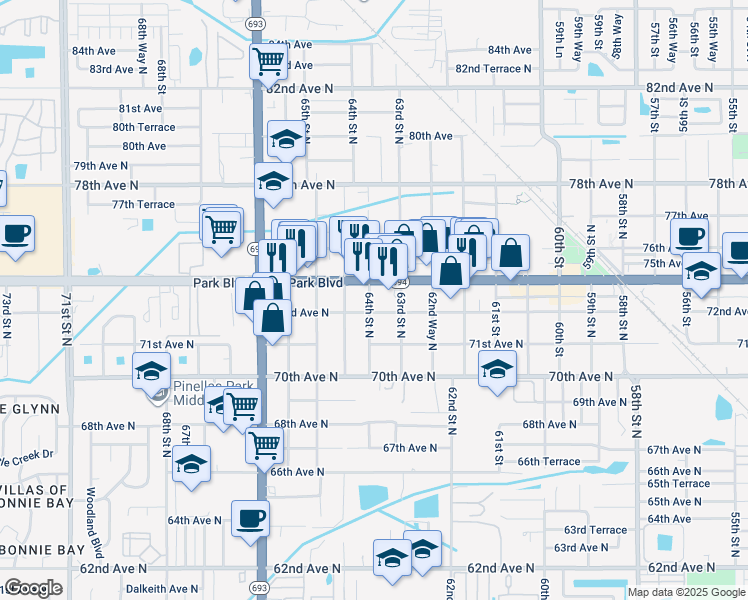 map of restaurants, bars, coffee shops, grocery stores, and more near 7281 64th Street North in Pinellas Park