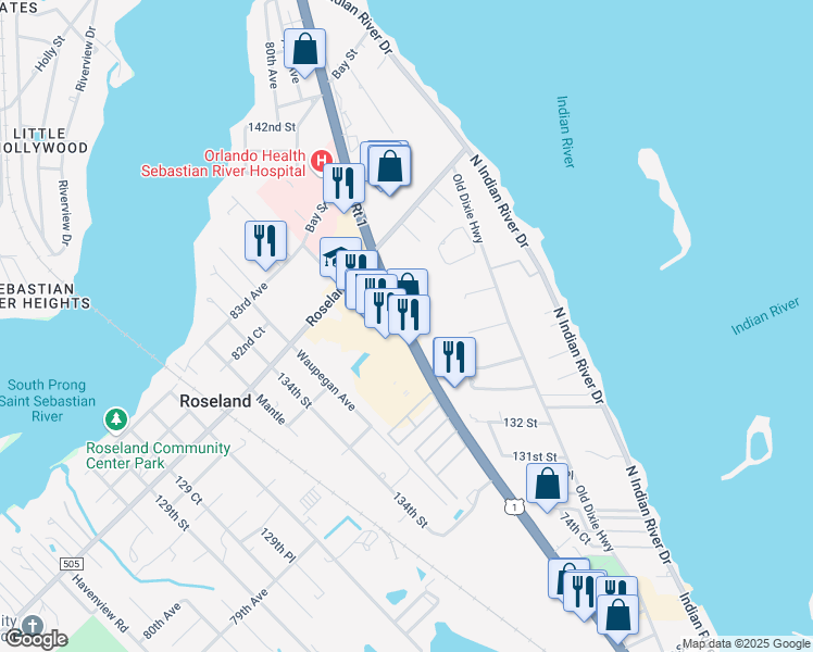 map of restaurants, bars, coffee shops, grocery stores, and more near 13418 Florida 5 in Sebastian