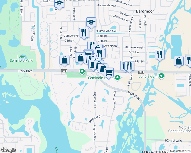 map of restaurants, bars, coffee shops, grocery stores, and more near 7300 Park Street North in Seminole