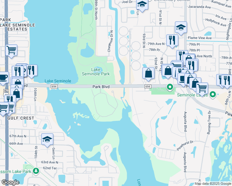 map of restaurants, bars, coffee shops, grocery stores, and more near 7389 Islamorada Circle in Seminole